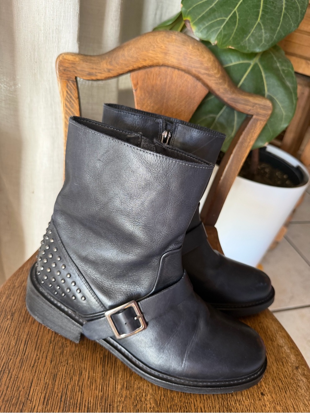 Vintage foundry co.  Black Leather Studded Ankle Boots with Buckle